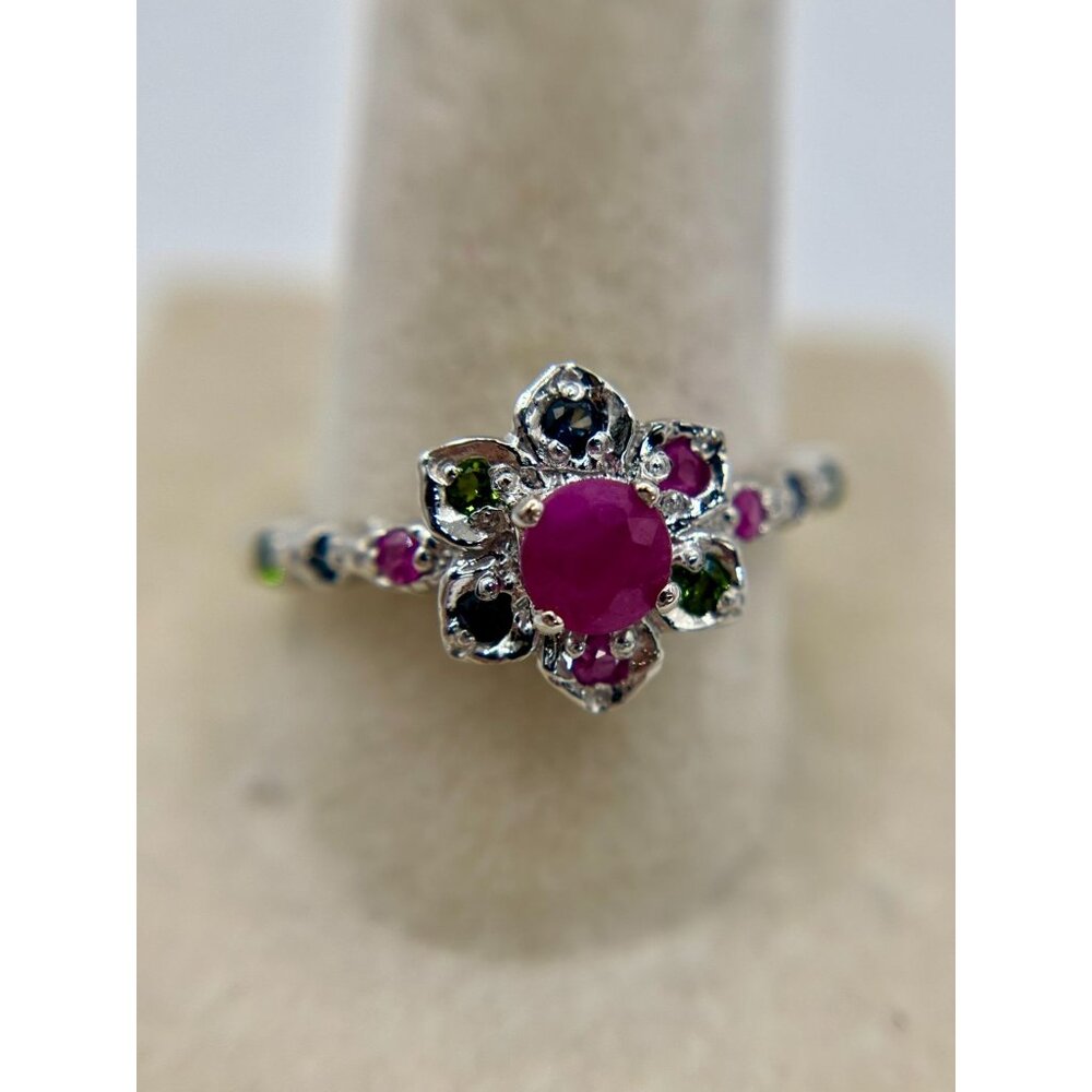 Ruby, Sapphire, Chrome Diopside Ring Size 9 Sterling Silver 925 Jewelry NEW
